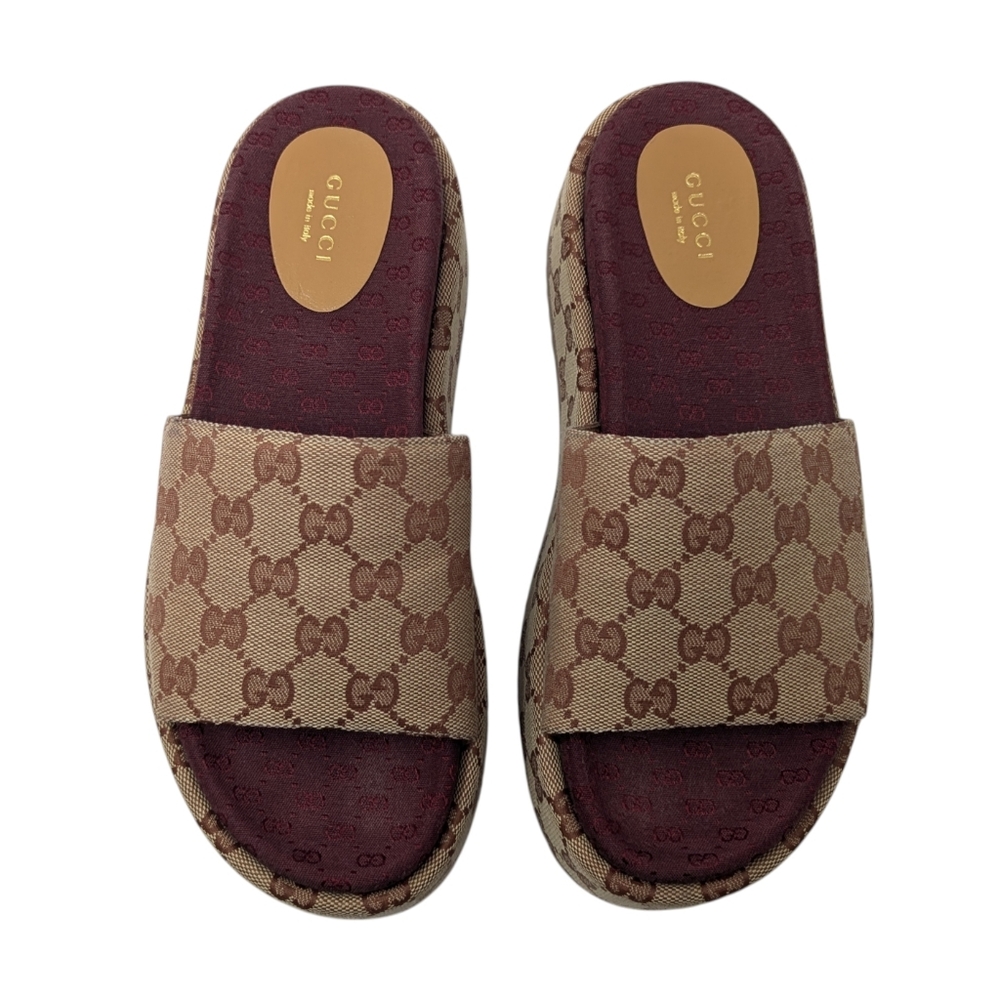 Gucci Angelina Burgundy Ruggine GG Monogram Logo Platform Slide Sandal EU 39 - Picture 3 of 9